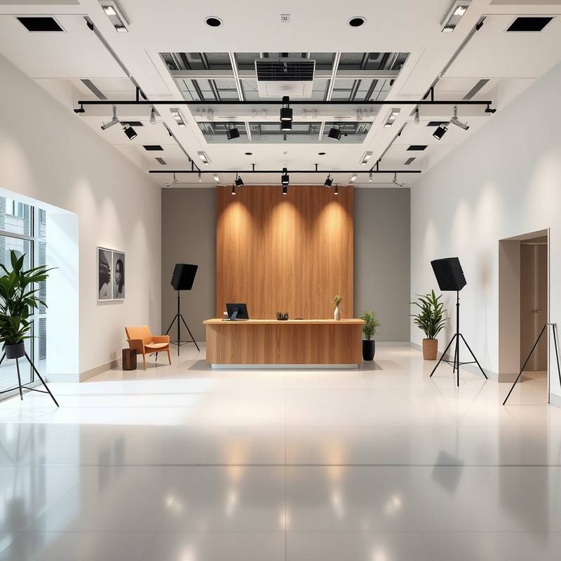 Inside the photo studio reception area, showcasing a modern and welcoming space